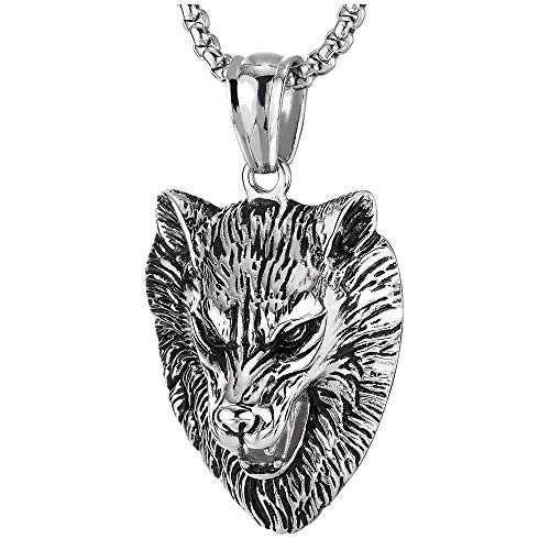 COOLSTEELANDBEYOND Stainless Steel Mens Vintage Roaring Wolf Head Pendant Necklace 30 inches Steel Wheat Chain