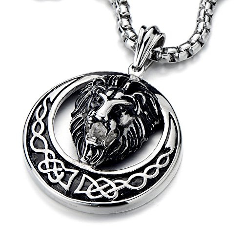 COOLSTEELANDBEYOND Stainless Steel Biker Lion Pendant Necklace with 30 Inches Steel Ball Chain
