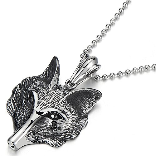 COOLSTEELANDBEYOND Stainless Steel Mens Fox Head Pendant Necklace with 30 inches Steel Ball Chain