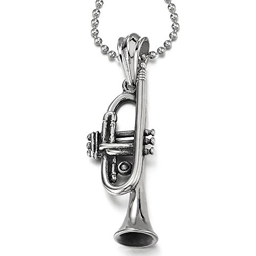 COOLSTEELANDBEYOND Trumpet Pendant Necklace for Men Women Stainless Steel with 30 inches Ball Chain