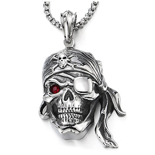 COOLSTEELANDBEYOND Mens Steel Viking Pirate Skull Pendant Necklace with Red Cubic Zirconia and 30 inches Wheat Chain