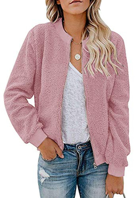 MIROL Womens Sherpa Fleece Jacket Faux Fuzzy Long Sleeve Casual Zip Up Bomber Coat with Pockets Pink