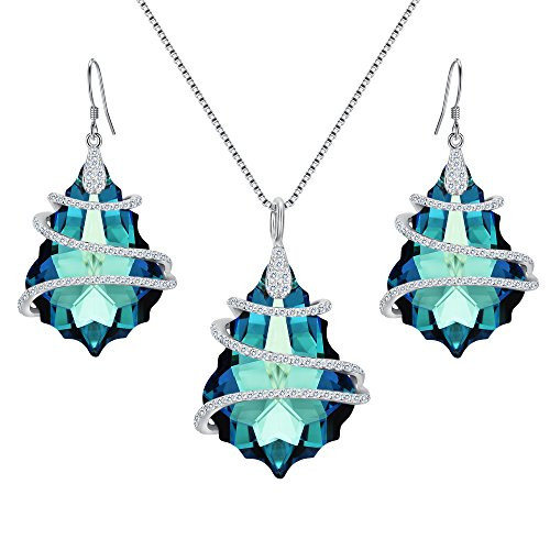 EVER FAITH 925 Sterling Silver Gift Jewelry for Women CZ Baroque Pendant Necklace Earrings Set Bermuda Blue
