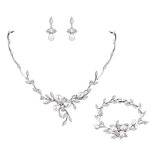 EVER FAITH Clear Marquise CZ Simulated Pearl Bride Flower Leaf Filigree Necklace Earrings Bracelet Set SilverTone EVER FAITH Clear Marquise CZ Simulated Pearl Bride Flower Leaf Filigree Necklace Earrings Bracelet Set SilverTone