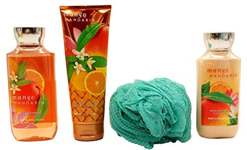 Mango Mandarin Bath Set with Loofah 4 Pc  8 oz Body Lotion 8 oz Body Cream 10 oz Shower Gel and Loofah