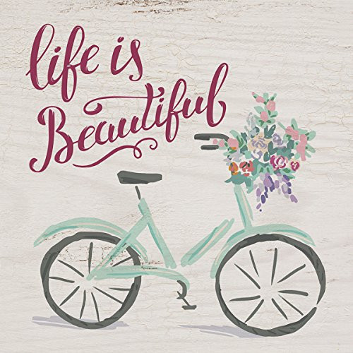 Life is Beautiful Bicycle Whitewash 5.5 x 5.5 Solid Wood Plank Wall Plaque Sign