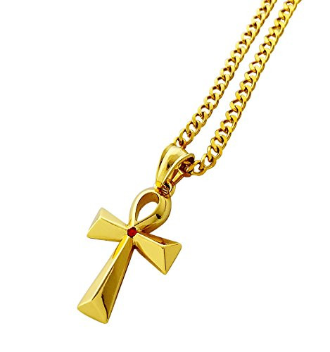 Exo Jewel 18k Gold Plated Ankh Cross Mini Pendant Stainless Steel Necklace with 24 Cuban Chain
