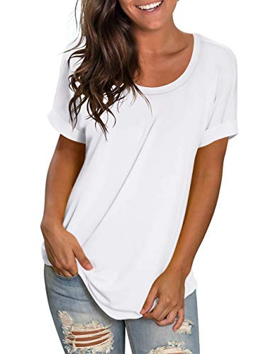 NIASHOT TShirts for Women Summer Round Neck Tee Short Sleeves Basic Tops White L