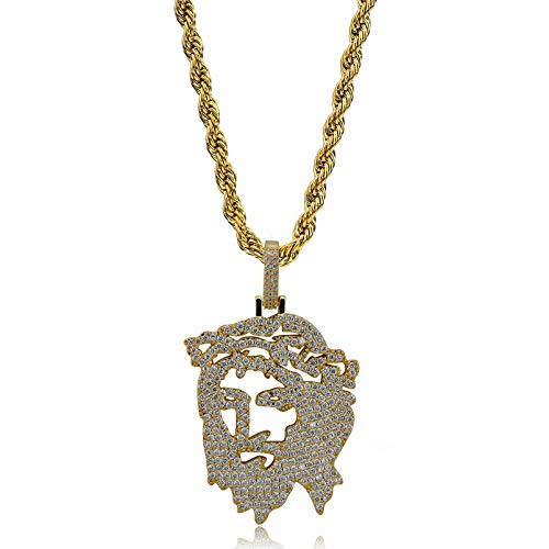 TOPGRILLZ Men 14K Gold Plated Iced Out CZ Simulated Diamond Big Stones Crown Jesus Piece Pendant Necklace with Stainless Steel Chain Hip Hop Gold Solid Jesus