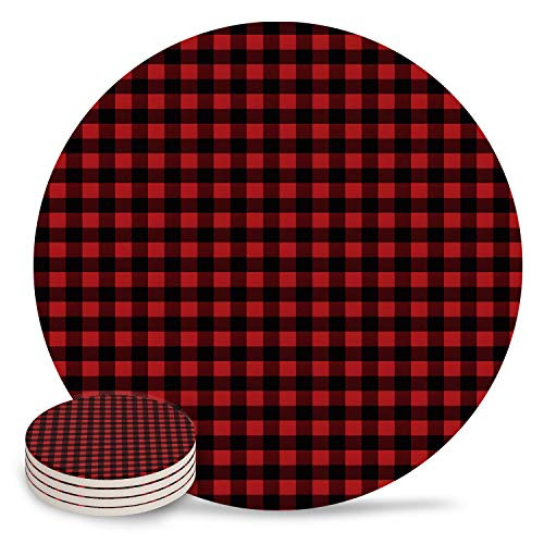 Drink Coasters Absorbent Coaster SetsFunny Art Coasters for Drinks Coffee Mugs Cups Beer Wine Bottle Cocktail Desk 4 InchesRed and Black Buffalo Check Plaid