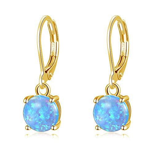 CiNily Blue Opal Dangle Drop Earrings Leverback RoundCut Gemstone 18K Yellow Gold Plated Earrings for Women Girls