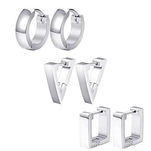 ORAZIO 3 Pairs Stainless Steel Triangle Square Round Hoop Earrings for Men Women Geometric Huggie Earrings Silver Tone ORAZIO 3 Pairs Stainless Steel Triangle Square Round Hoop Earrings for Men Women Geometric Huggie Earrings Silver Tone