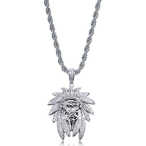TOPGRILLZ Mens 14K Gold Plated Simulated Diamond Iced Out CZ Chief Pendant Necklace Chain Hip Hop Jewelry Silver