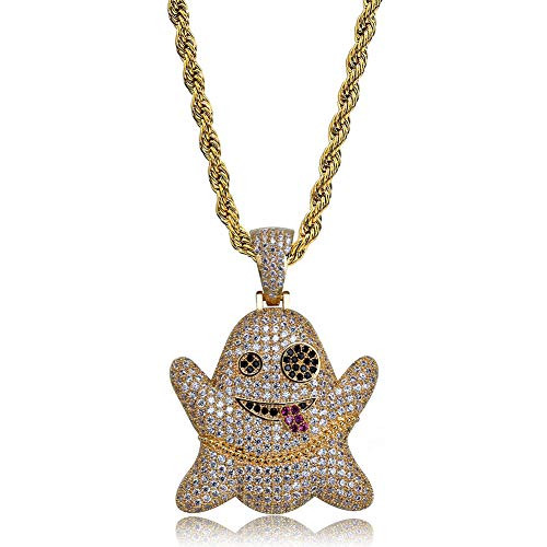 TOPGRILLZ Iced Out CZ Cluster Lab Diamond Emoji Ghost Pendant 24 Stainless Steel Necklace Hip Hop Gold Ghost