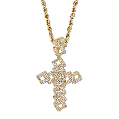 TOPGRILLZ 14K Gold Plated Iced Out Cuban Link Chain Cross Pendant Necklace for Men Stainless Rope Hip Hop Gold