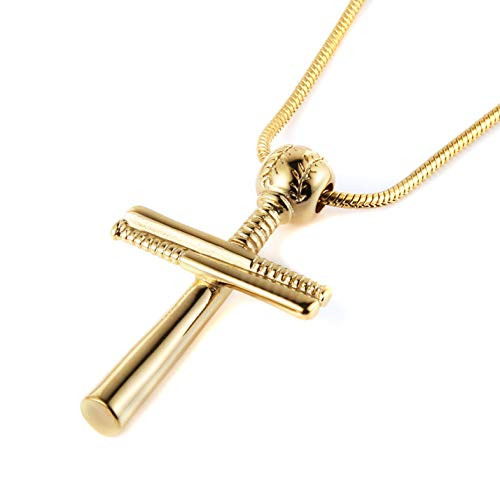 HZMAN Athletes Cross Necklace by Pendant Sports Stainless Steel Baseball and Baseball Bat Cross Necklace Large and Small Small Gold