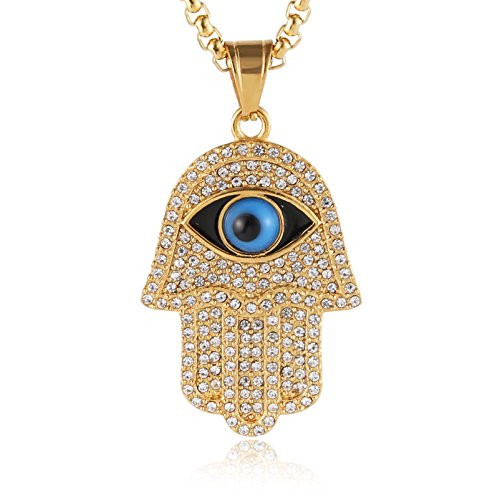 HZMAN 18k Gold Plated Iced Out CZ Stainless Steel Blue Evil Eye Beads Fatima Hamsa Hand Pendant Necklace Gold