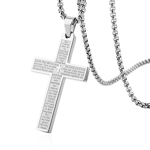 HZMAN Stainless Steel Mens Womens Cross Necklace Lords Prayer Pendant 3 Colors Available Silver