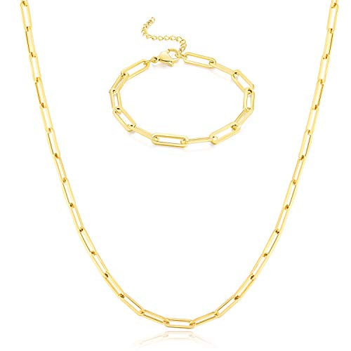 VLINRAS Paperclip Chain Necklace for Women Girls Gold Choker Layered Chain Paperclip Necklace and Bracelet Gift Set