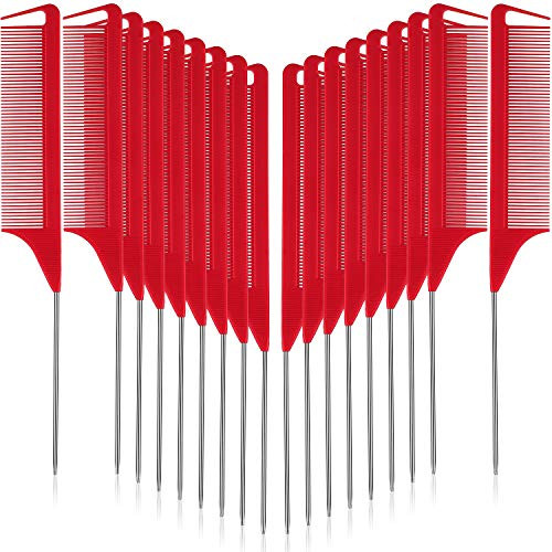 12 Pieces Parting Comb for Braids Rat Tail Comb Pintail Comb Teasing Combs with Stainless Steel Pintail for Hair Styling Hairdressing Red