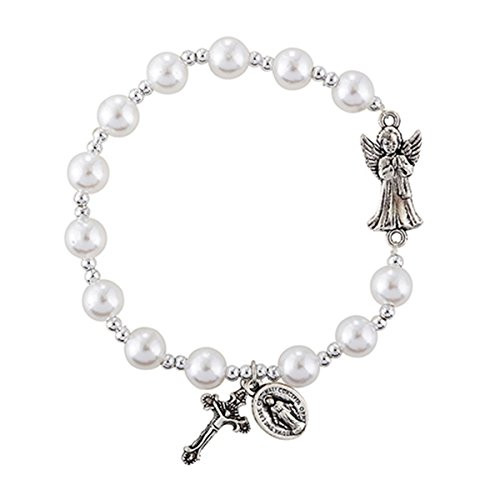 Religious Jewelry Guardian Angel White Bead Charm Rosary Bracelet 7 12 Inch