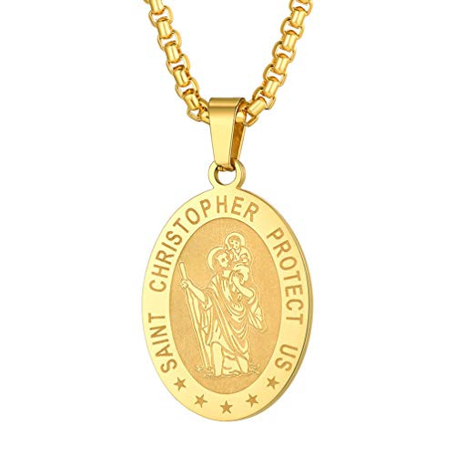 Saint Christopher Necklace Mens Pendant 18K Gold Plated Stainless Steel Patron Gift Women st christopher medal for men