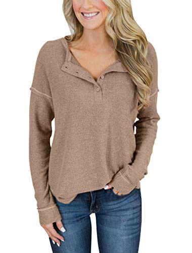 PRETTODAY Womens Long Sleeve Henley Tops Casual Scoop Neck Tunics with Buttons Brown