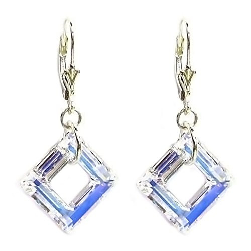 Swarovski Elements Crystal Clear AB Square Sterling Silver Leverback Dangle Earrings 15 in Swarovski Elements Crystal Clear AB Square Sterling Silver Leverback Dangle Earrings 15 in