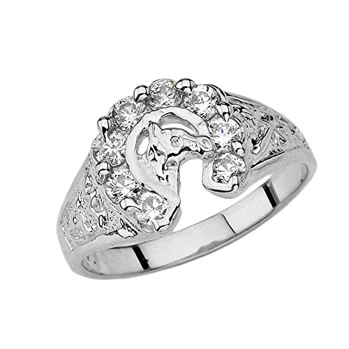 Lucky Horseshoe Ring with CZ in Solid Sterling Silver Size 7
