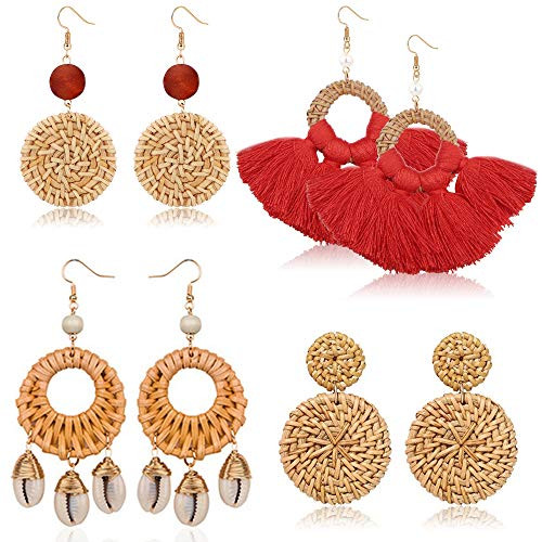 Thunaraz 4Pairs Wicker Rattan Earrings For Women Girls Geometric Statement Raffia Sea Shell Woven Tassel Chandelier Bohemian Earrings Handmade Straw Wicker Braid Hoop Drop Dangle Earrings