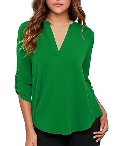 roswear Womens Casual V Neck Cuffed Sleeves Solid Chiffon Blouse Top Green XXL