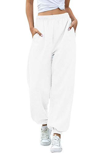 Ru Sweet Womens Active High Waisted Sporty Gym Athletic Fit Jogger Sweatpants Baggy Lounge Pants with Pockets White
