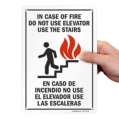 SmartSign In Case Of Fire Do Not Use Elevator Use Stairs Bilingual Sign  7 x 10 Aluminum