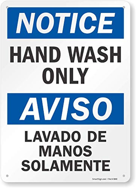 Smartsign S7424PL14Notice Hand Wash Only Plastic Sign Bilingual 14 x 10 BlackRed on White