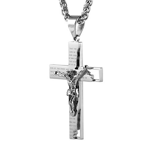 HZMAN Mens Stainless Steel Cross Crucifix Bible Prayer Pendant Necklace 222 Chain