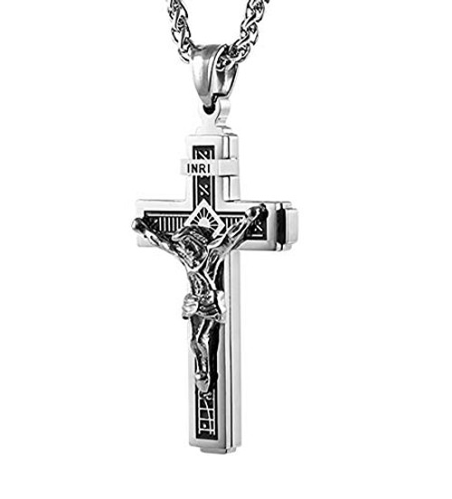 HZMAN Catholic Jesus Christ on INRI Cross Crucifix Gold Silver Tone stainless steel Pendant Necklace 222 Chain Silver HZMAN Catholic Jesus Christ on INRI Cross Crucifix Gold Silver Tone stainless steel Pendant Necklace 222 Chain Silver