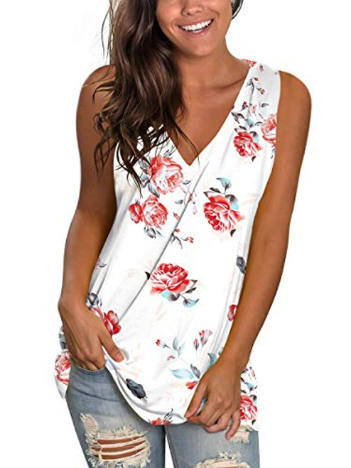 SAMPEEL White Tank Top Women V Neck Sleeveless Shirts for Women Casual Summer Tees M