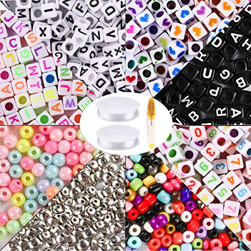 2400pcs Colorful Letter Beads Kit Acrylic Alphabet Cube Number Beads with 2 Roll Elastic Crystal String Cord Scissor for Jewelry Making DIY Necklace Bracelet