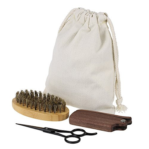 Anself 3Pcs Men's Beard Brush Comb Scissor Kit Boar Bristle Shaving Brush + Amoora Beard Comb + Stainless Steel Scissor