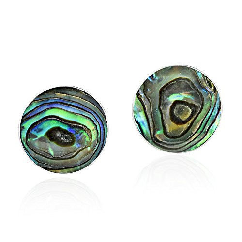 Green Abalone Shell Mystical Round 925 Sterling Silver Post Earrings