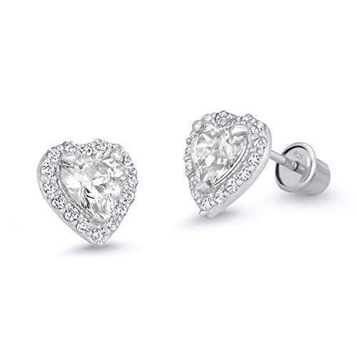 925 Sterling Silver Rhodium Plated White Heart Cubic Zirconia Screwback Baby Girls Earrings 925 Sterling Silver Rhodium Plated White Heart Cubic Zirconia Screwback Baby Girls Earrings