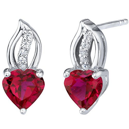 Created Ruby Sterling Silver Heart Earrings 200 Carats Total