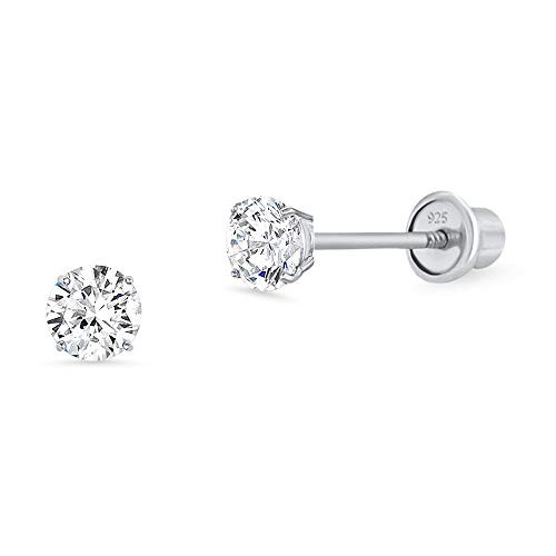 925 Sterling Silver Rhodium Plated 3mm Cubic Zirconia Stud Children Screwback Baby Girls Earrings