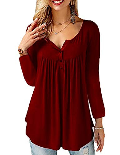 MISSLOOK Womens Long Sleeve Shirts Pleated Button up Tee Casual V Neck Loose Fits Tunic Tops Blouses  Wine Red M