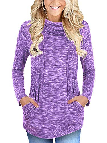 MISSLOOK Womens Cowl Neck Tops Long Sleeve Tunic Drawstring Blouse Pullover Sweatshirt with Kangaroo Pockets Purple Small