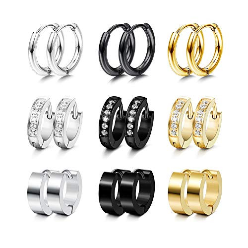 Udalyn 9 Pairs Stainless Steel Small Hoop Earrings Set for Men Women Huggie Hoop Earrings CZ Inlaid Cartilage Earrings