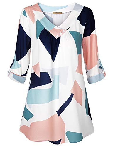 Miusey 34 Sleeve Shirts for WomenJuniors Cute Cuffed Sleeve V Neck Round Hem Casual Long Chiffon Blouse Loose Fitting Printed Tops Double Layered Long Blouses Work Tunic Office Tops White Pattern XL