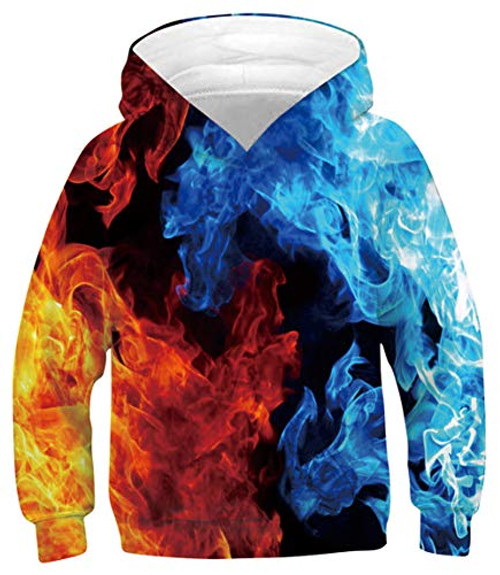 Teen Boys Girls Hoodies Casual Cool Hooded Sweatshirts Tops 3D Print Colorful Smoke Blue Fire Flame Toddler Kids Pullover with Pockets