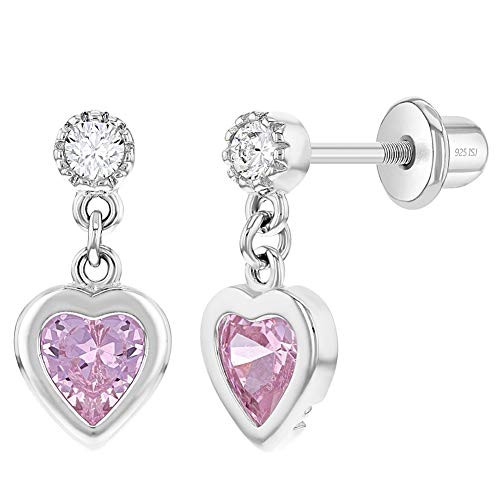 925 Sterling Silver Pink Cubic Zirconia Girls Dangle Heart Screw Back Earrings Screw back Locking for Toddlers Young Girls Daily and Party Wear 925 Sterling Silver Pink Cubic Zirconia Girls Dangle Heart Screw Back Earrings Screw back Locking for Toddlers Young Girls Daily and Party Wear