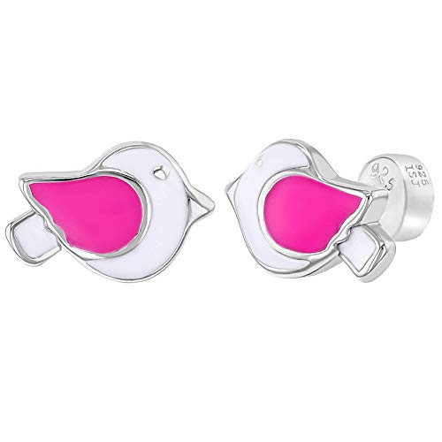 925 Sterling Silver Pink White Enamel Dove Bird Safety Back Earrings Girls 925 Sterling Silver Pink White Enamel Dove Bird Safety Back Earrings Girls
